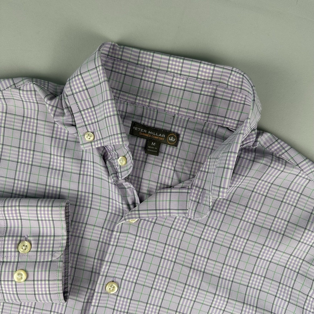 Peter Millar Summer Comfort Men's Medium Pink Green Plaid Long Sleeve Button Up